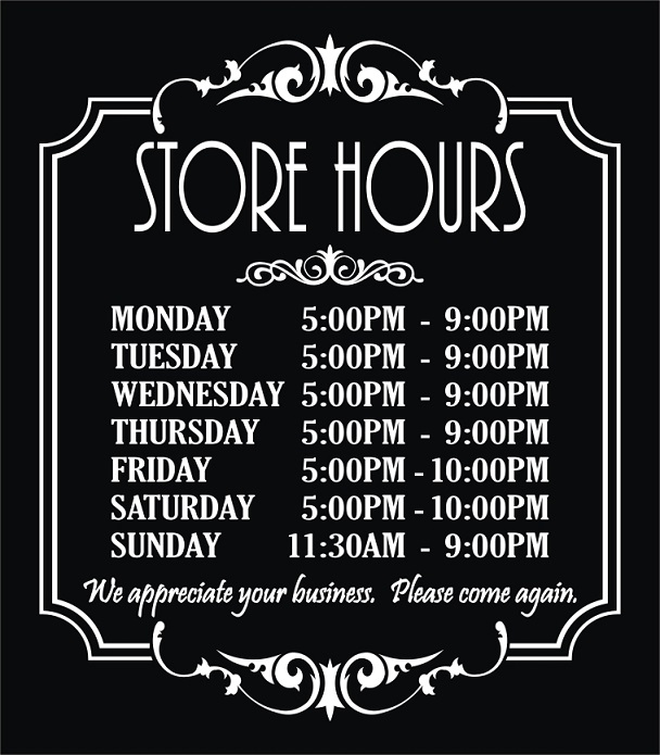 Business Hours Of Store Operation Decal